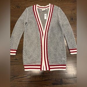 Anthropologie Open-Knit Gray Metallic Cardigan with Red and White Stripe Trim